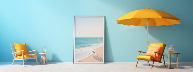 A simple yet elegant picture frame adorns the wall, drawing attention to the beauty of the furniture, indoor design, and the outdoor elements such as the beach, floor, ground, and umbrella
