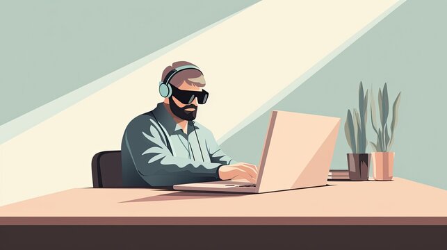 A man with VR headphones and a laptop embodies the power of technology, allowing him to create a unique and stylish illustration design