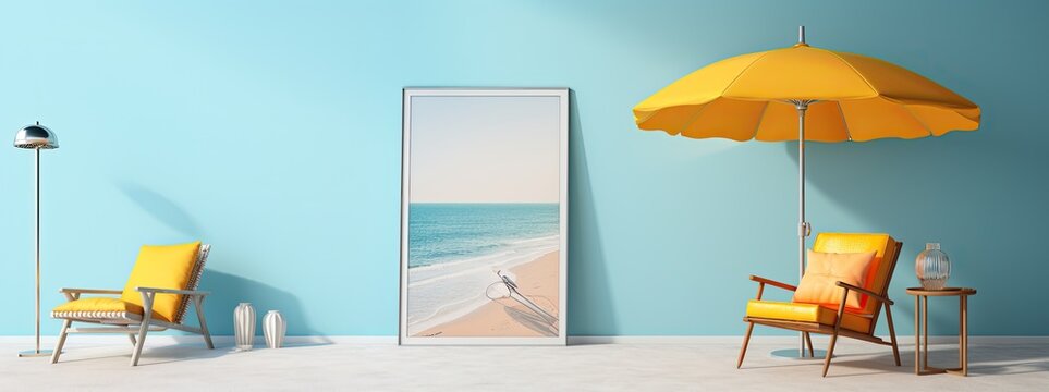 A weathered umbrella leans against a worn wooden chair on a beach, providing a peaceful backdrop for the picture frame hung on the nearby wall, grounding the moment in the beauty of the outdoor world