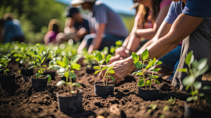 Unrecognizable Person planting trees or working in community garden promoting local food production and habitat restoration