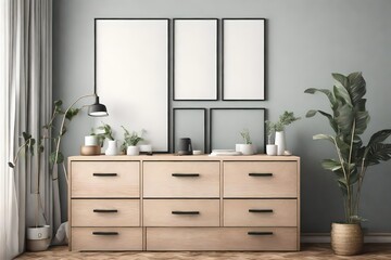 Single poster frame on an interior room dresser with decorative accessories on it 