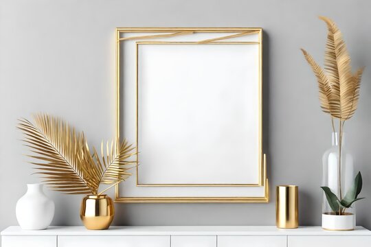 Poster frame mockup with gold palm leaves in the vase, golden decorative elements on grey background. Front view photo frame on white shelf or bureau.