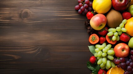 Fruits and Vegetable on wood table top view copy space, Generative AI