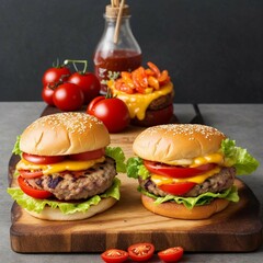 two burgers on a wooden board