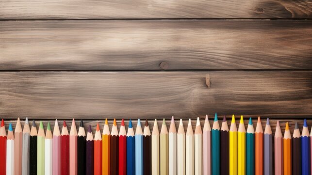 School Supplies on wood table top view copy space, Generative AI