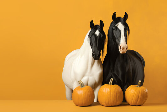 Portrait of two horses with pumpkins on yellow background