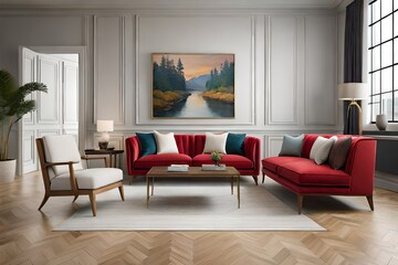 living room interior having red sofa generated by AI