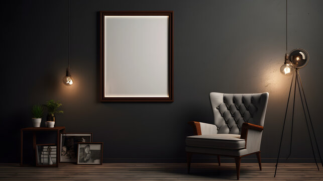 Large blank picture frame in a room with a couch