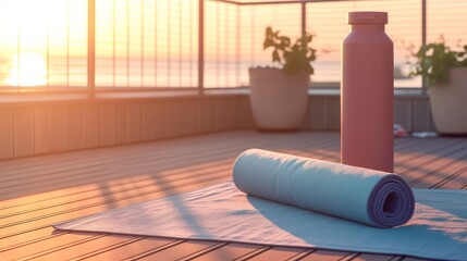 A yoga mat and a water bottle on a balcony or terrace. AI generated