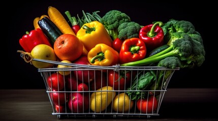 A shopping cart filled with fresh produce, showcasing a typical grocery run. AI generated