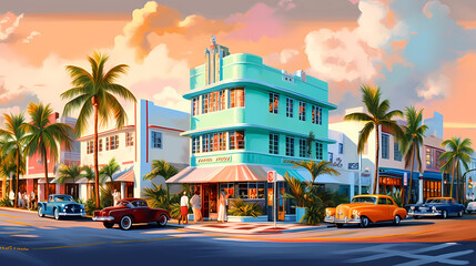 Obraz premium Illustration of a sunny day in an American resort town