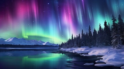 a painting of the aurora bore over a lake and snow covered mountains.  generative ai - obrazy, fototapety, plakaty