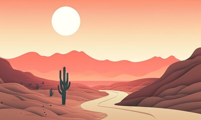  a desert landscape with a road and a cactus in the foreground.  generative ai