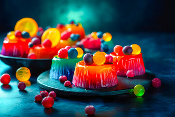 Picture of assorted colorful jelly puddings on the table. Marmalade, jelly sweets