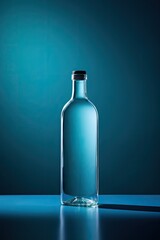 A clear glass bottle filled with a mysterious liquid, its black cap providing a stark contrast against the light of the indoor setting, sparks curiosity and invites exploration