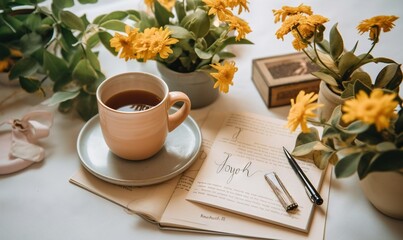 Naklejka na ściany i meble a cup of coffee on a saucer next to a book and some flowers. generative ai