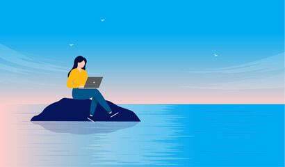 Work in peace and silent - Person working on laptop computer alone in solitude on deserted island far away from everything. Remote work concept, flat design vector illustration - obrazy, fototapety, plakaty