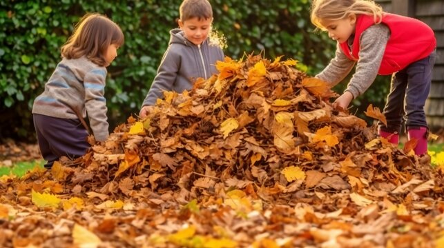 Colorful Autumn Leaves, Kids Playing, Parents Watching And Smiling Copyspace Available