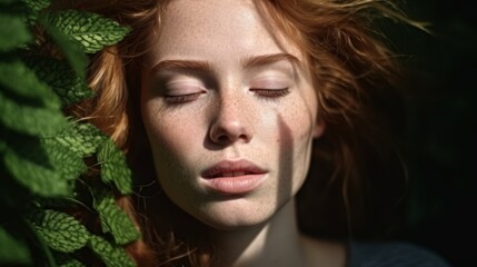 Young redhead girl surrounded with green leaves. Health and wellbeing concept. Cosmetics or Spa content.