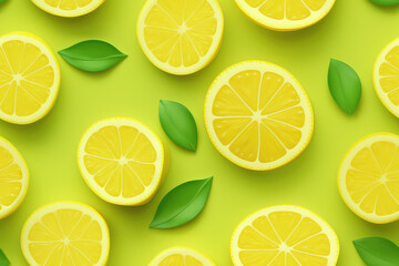 Lemons with slices on yellow background seamless pattern, lemon tile ornament, citrus repeat texture for wrapping paper or textile print. 3d render cartoon illustration style. - obrazy, fototapety, plakaty