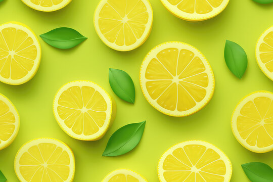 Lemons with slices on yellow background seamless pattern, lemon tile ornament, citrus repeat texture for wrapping paper or textile print. 3d render cartoon illustration style.