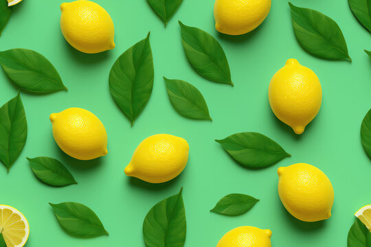 Lemons with leaves on green background seamless pattern, lemon tile ornament, citrus repeat texture for wrapping paper or textile print. 3d render cartoon illustration style.
