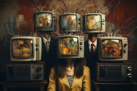 A chilling collage of human figures with retro TV heads, standing zombie-like, portraying censorship, disinformation, and the blind following of mass media.
