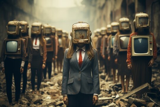 A chilling collage of human figures with retro TV heads, standing zombie-like, portraying censorship, disinformation, and the blind following of mass media.