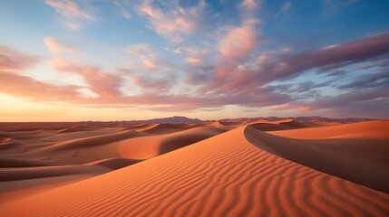 Fototapeta na wymiar Desert panorama at sunset. Sand dunes in the Sahara desert.