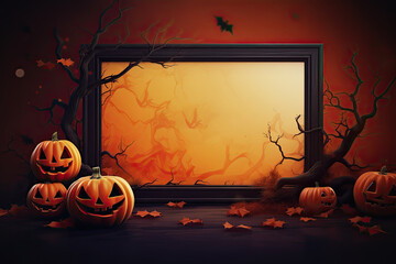 Halloween fall sale promotion banner mockup with blank frame and jack o lantern pumpkins on dark background.