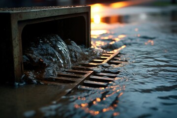 A stream of water flows into a drainage grate on a city street.