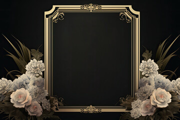 Empty gold frame with floral decoration and place for text on black background.