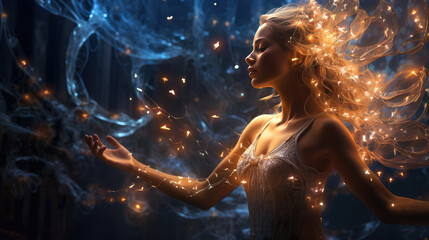 Blonde woman in white dress with golden ethereal lights all around her.