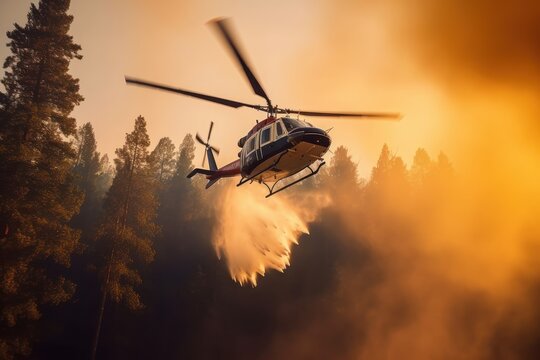 Rescue helicopter extinguishes a forest fire by dropping a large amount of water on a burning coniferous forest. Saving forests, fighting forest fires. Low angle view. 3D rendering.