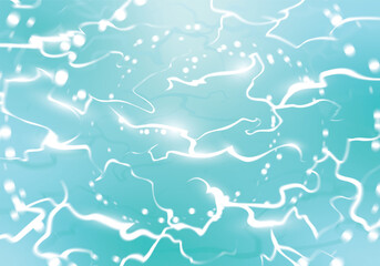 Water surface texture background with sunlight reflection on the waves and water drops. Top view vector illustration.