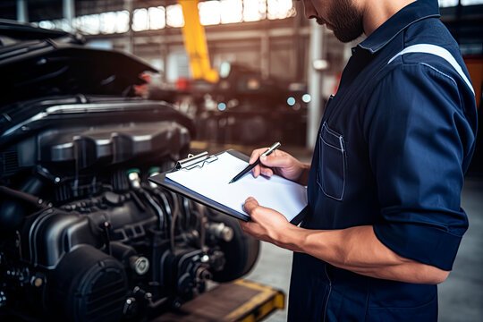 Automobile mechanic repairman checking a car engine by inspecting and writing to the clipboard the checklist for repair machine and car service for maintenance and maintenance check concept