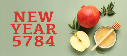 Greeting card for Rosh Hashanah celebration (Jewish New Year) with honey and fruits