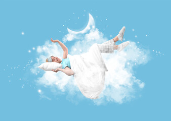 Young woman with blanket and pillow lying on soft cloud against light blue background