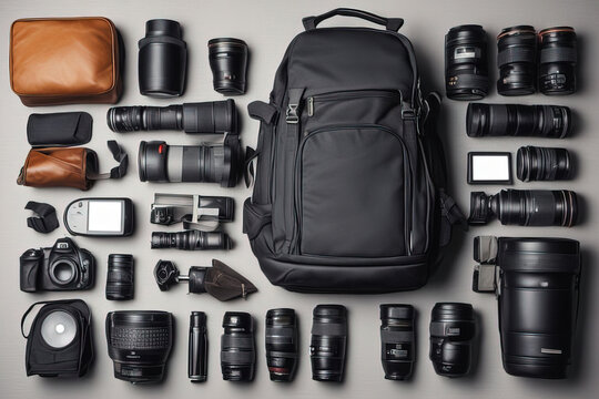 flat lay composition with professional equipment on grey background