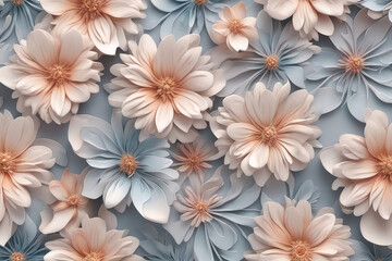 floral pattern. white chrysanthemum flowers, blue and beige color.