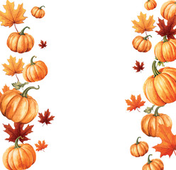 Naklejka na ściany i meble White and yellow pumpkins, orange leaves on white background. Autumn festival invitation. Border from autumn leaves and pumpkins. Postcard or banner. 3d realistic vector illustration.