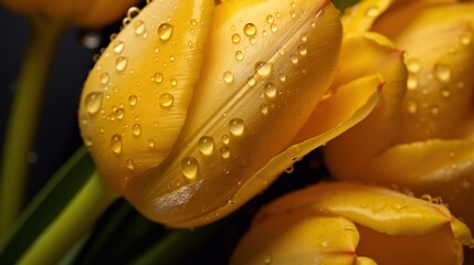 Yellow Tulips flowers with water drops background. Closeup of blossom with glistening droplets. Generative AI