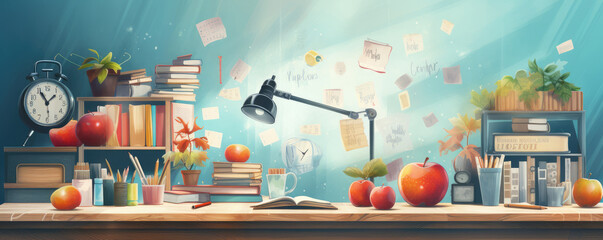 Assorted fresh fruits and vegetables placed on wooden table near retro clock and bottle of wine and books. Back to school concept. Generative AI