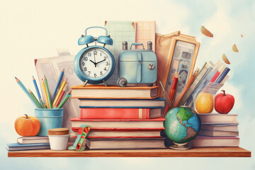 Assorted fresh fruits and vegetables placed on wooden table near retro clock and bottle of wine and books. Back to school concept. Generative AI