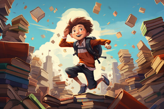 Excited boy with books. Back to School concept. Generative AI