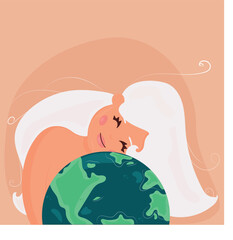 Cartoon  cute girl white hair holds planet Earth , showing care and love  pink background.  Earth day concept. Save the planet, the environment.