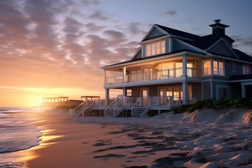 Fototapete Bora Bora, Französisch-Polynesien 3D render of a modern house on the beach at sunset.