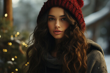 Beautiful Caucasian woman in hat at outdoor with snow on background