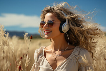 Stylish young woman in headphones and sunglasses on golden wheat field listening music