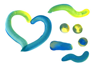 Watercolor brashstroke. Set of watercolor element. Painted heart,  brushstroke